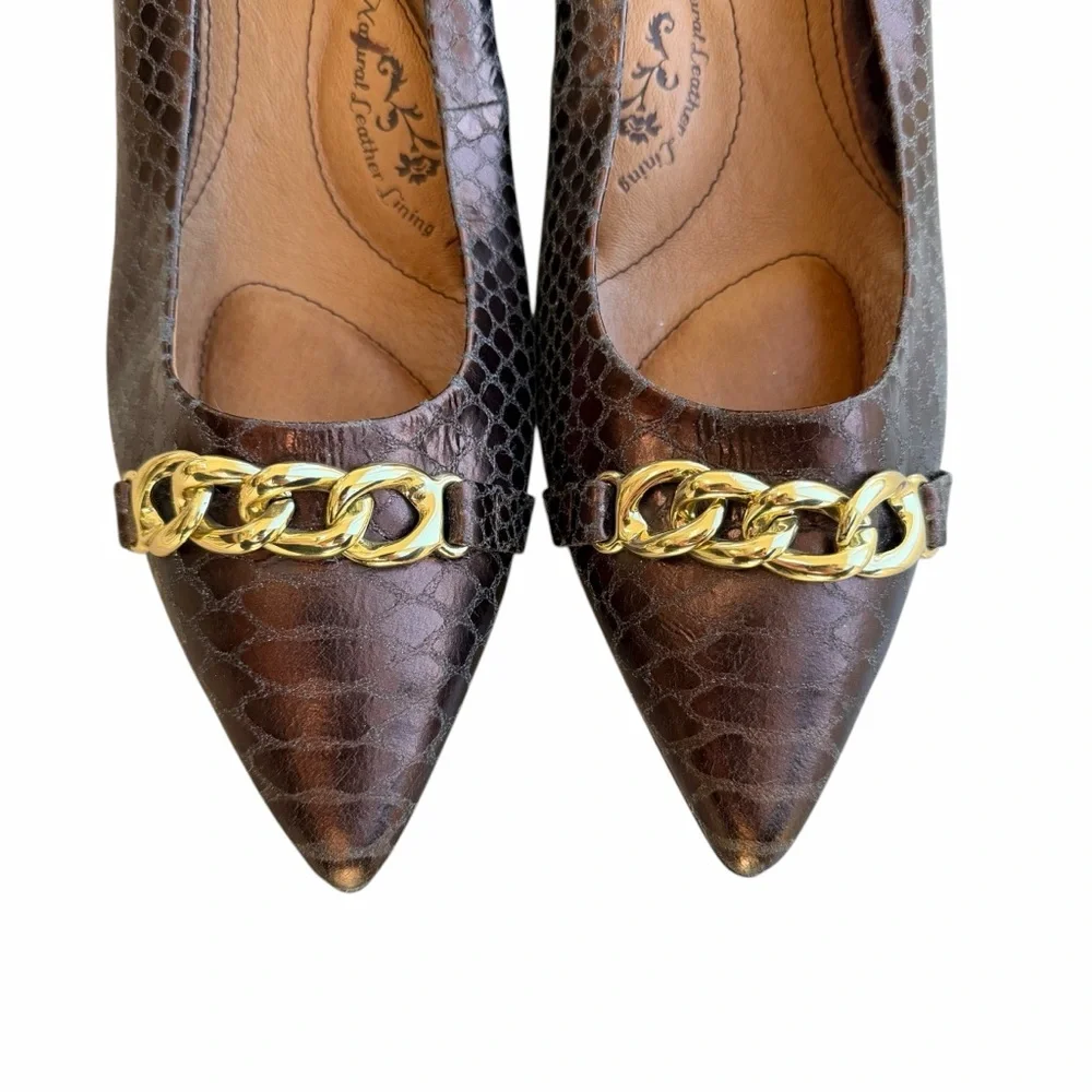 Soft Abbot Brown Leather Wedge with Snakeskin Print & Gold Chain Detail Size 11M